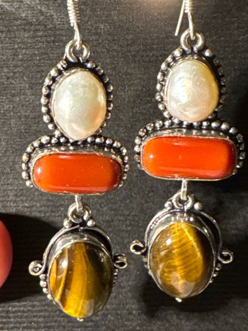 925 Sterling Silver Multi-Stone Dangle Earrings Pearl Coral Tiger’s Eye Boho”